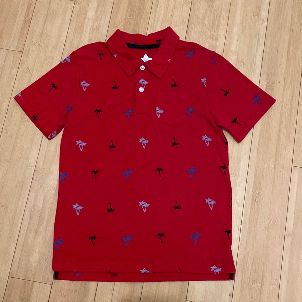 5/$25 Red polo style shirt with navy and light blue palm trees, boys 10